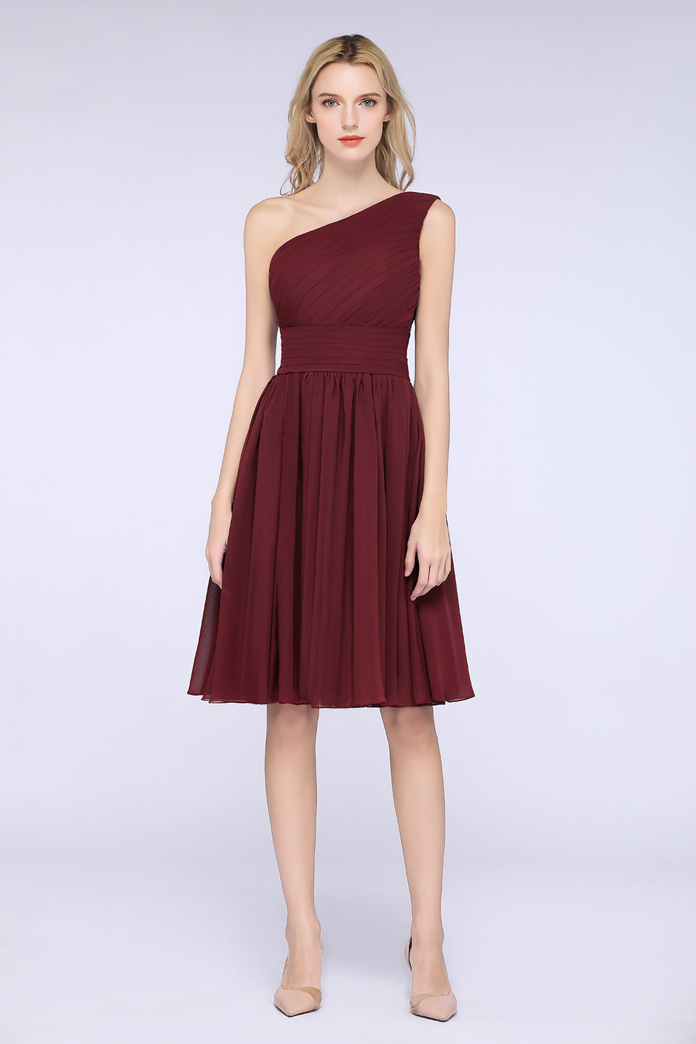 Chiffon One Shoulder Ruffle Short Burgundy Bridesmaid Dresses Online-27dress