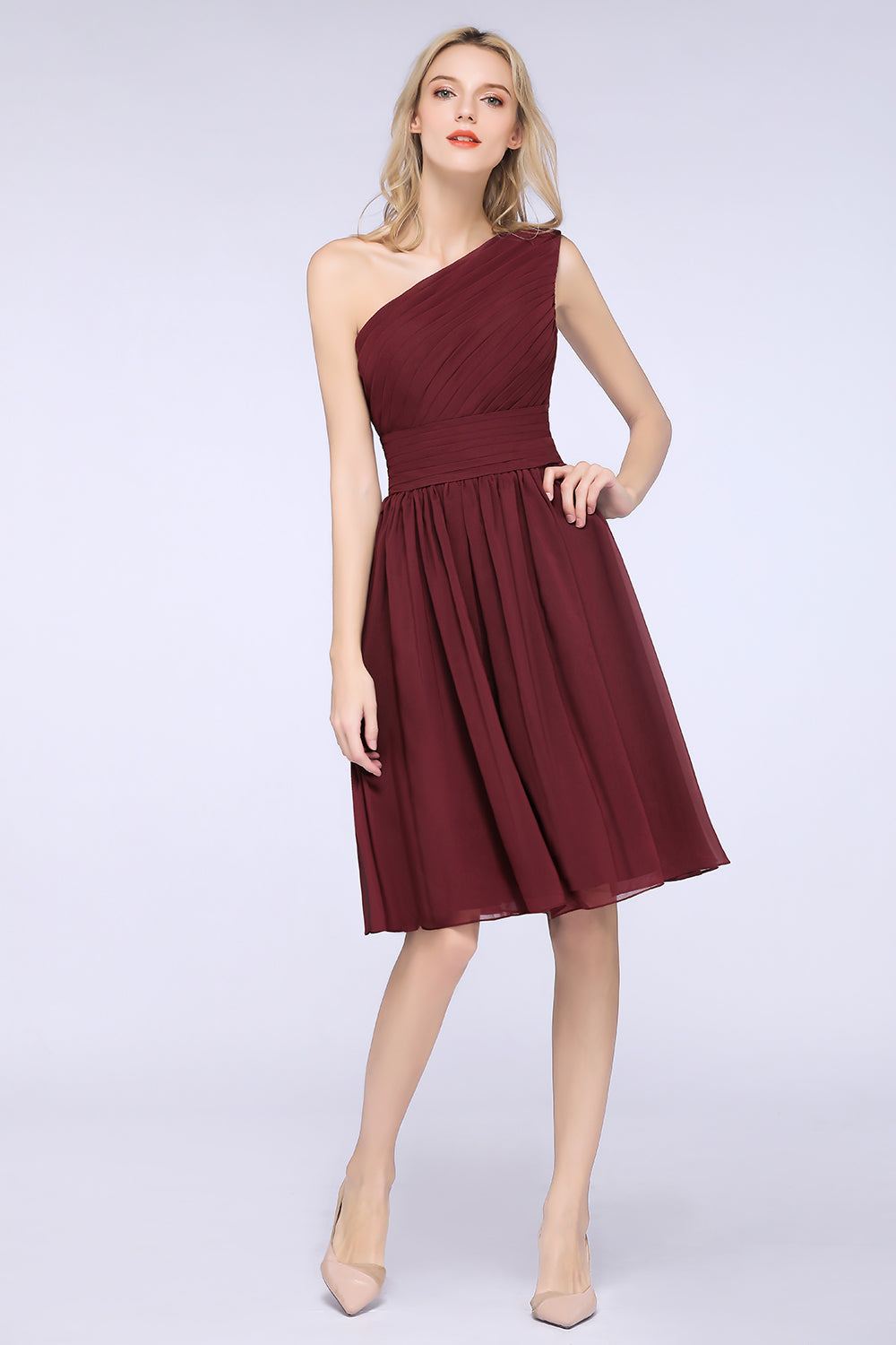 Chiffon One Shoulder Ruffle Short Burgundy Bridesmaid Dresses Online-27dress