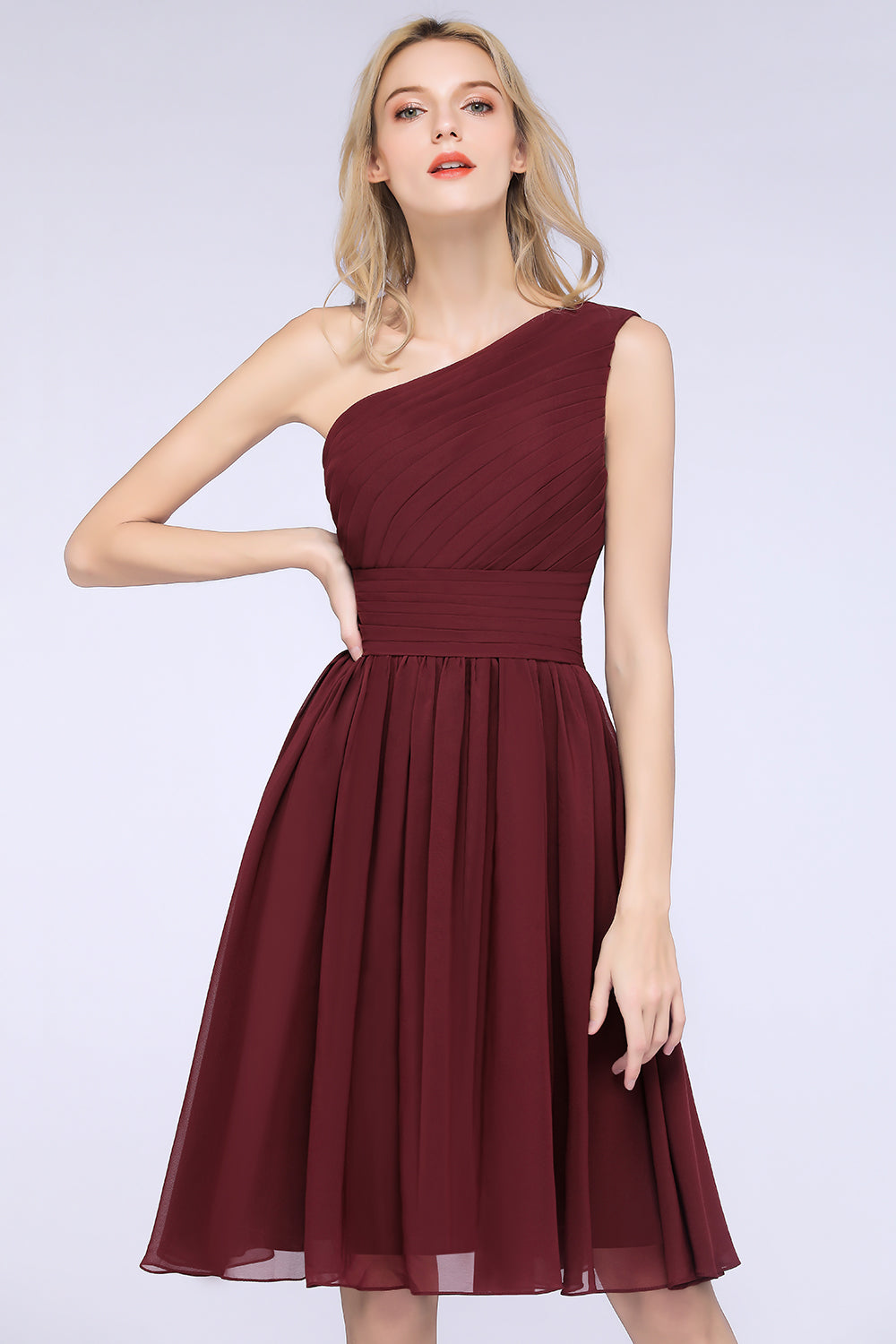 Chiffon One Shoulder Ruffle Short Burgundy Bridesmaid Dresses Online-27dress