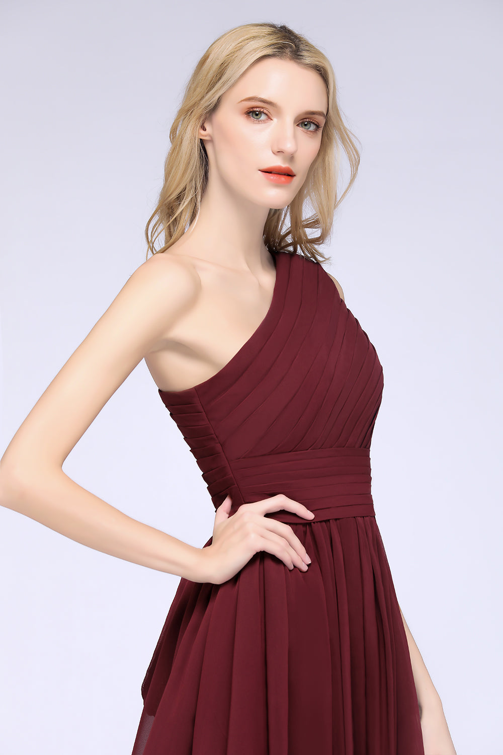 Chiffon One Shoulder Ruffle Short Burgundy Bridesmaid Dresses Online-27dress