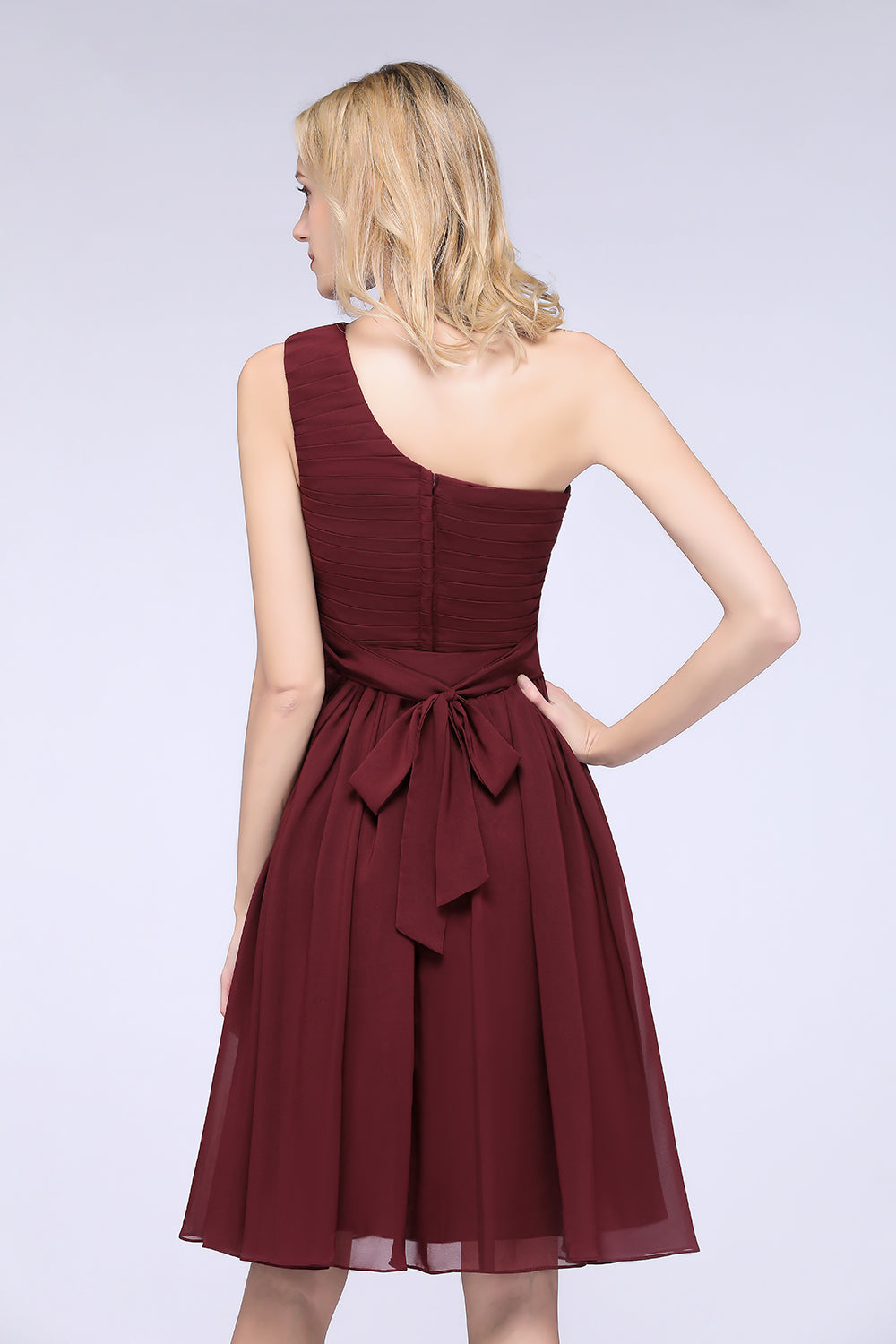 Chiffon One Shoulder Ruffle Short Burgundy Bridesmaid Dresses Online-27dress
