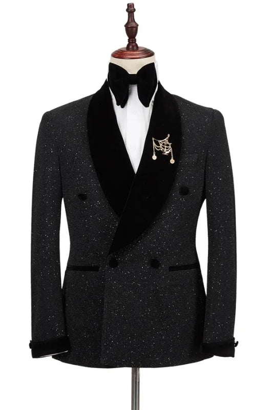 Classic Sequins Double Breasted Black Wedding Suits With Velvet Shawl Lapel