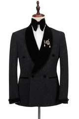 Classic Sequins Double Breasted Black Wedding Suits With Velvet Shawl Lapel