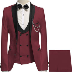 Classic Peaked Lapel Three Pieces Burgundy Prom Suits