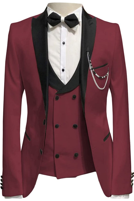 Classic Peaked Lapel Three Pieces Burgundy Prom Suits
