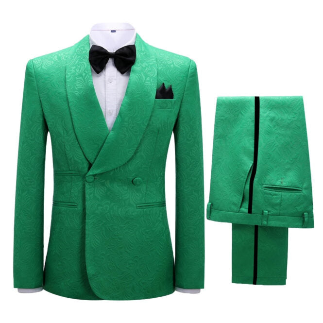 Classic Jacquard Double Breasted Green Wedding Suits Shawl Lapel Wedding Groom Prom Tuxedo