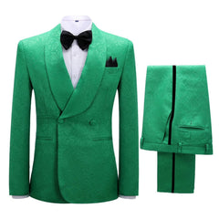 Classic Jacquard Double Breasted Green Wedding Suits Shawl Lapel Wedding Groom Prom Tuxedo