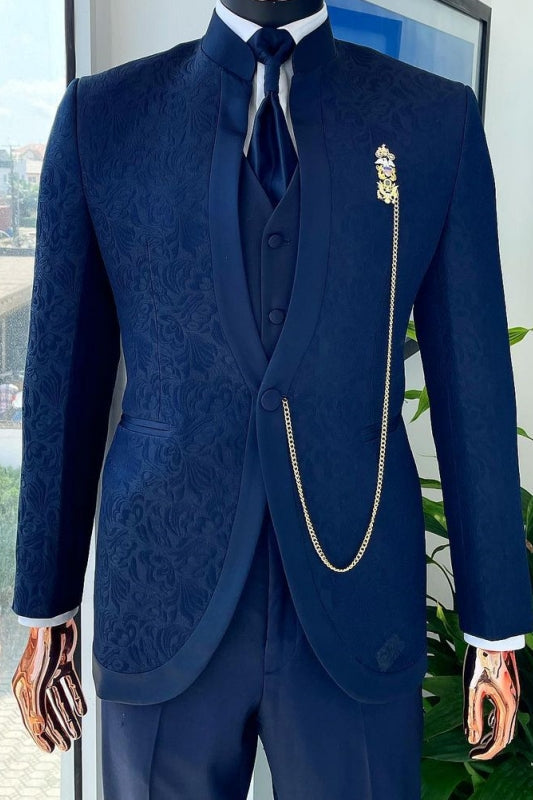 Classic Shawl Lapel Three Pieces Navy Blue Wedding Suits