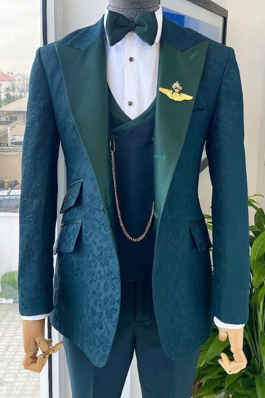 Classic Ocean Peaked Lapel Three Pieces Jacquard Blue Prom Suits