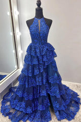 Classic Royal Blue Halter Sequined A-line Long Prom Dress-27dress