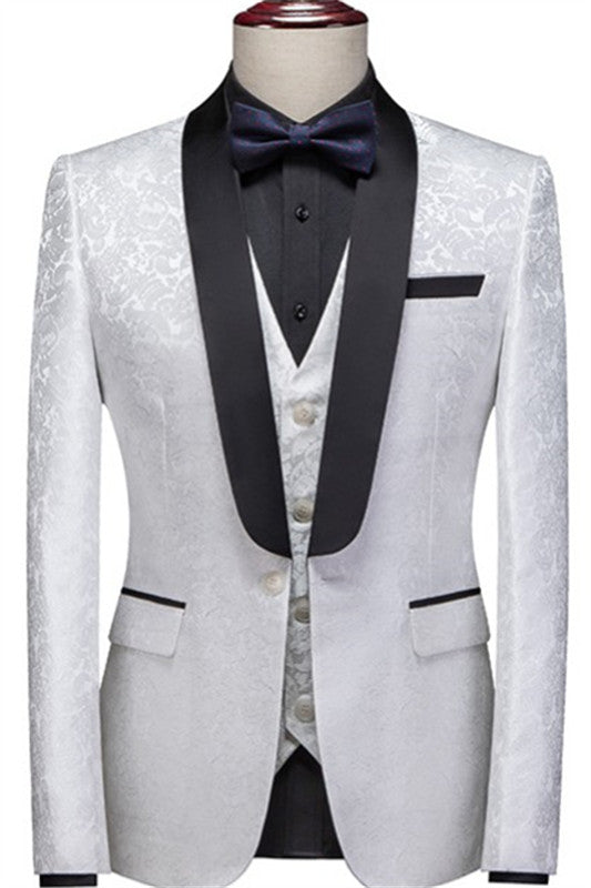 Classic White Jacquard Three Pieces Close Fitting Wedding Suit
