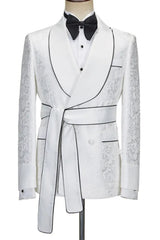 Classic Shawl Lapel Double Breasted Jacquard White Wedding Suits