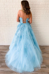 Classy Tulle Sky Blue Spaghetti Strap Appliques Elegant Prom Dress