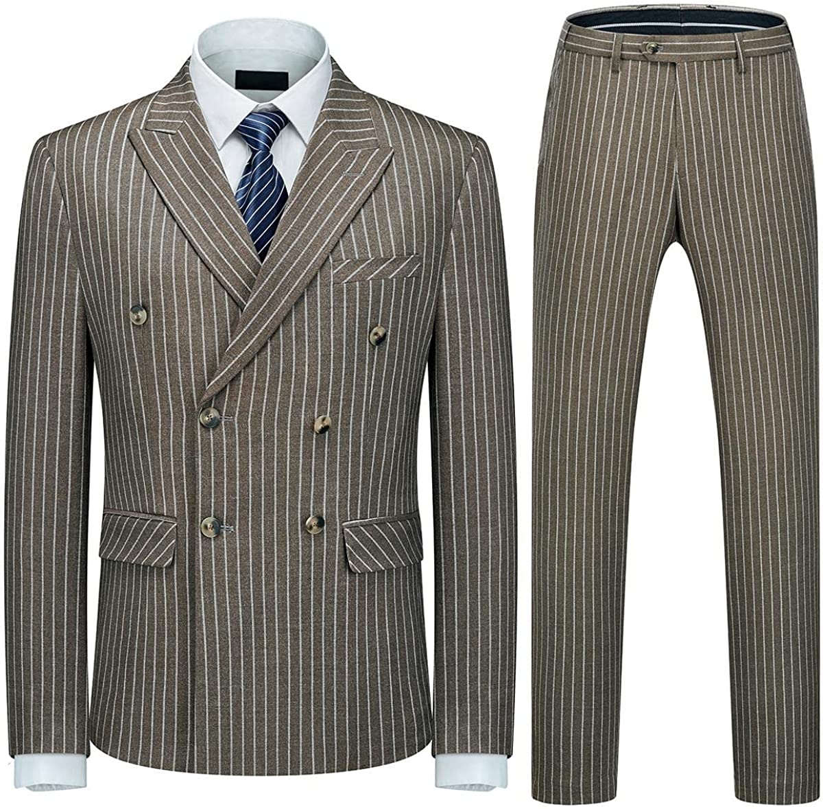 Coffee Double Breasted Peaked Lapel Striped Men Suits For Business