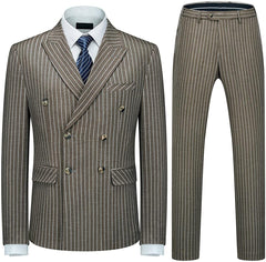 Coffee Double Breasted Peaked Lapel Striped Men Suits For Business