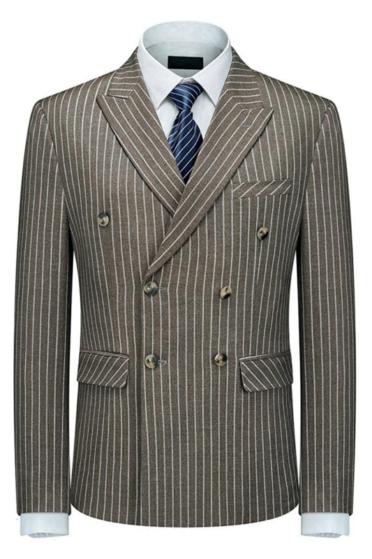 Coffee Double Breasted Peaked Lapel Striped Men Suits For Business