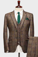 Coffee Plaid Notched Lapel Three Pieces Business Suits
