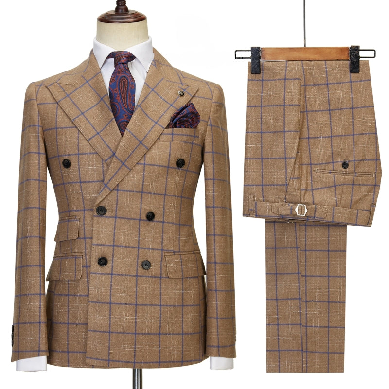 Coffee Plaid Peaked Lapel Double Breasted Business Suits