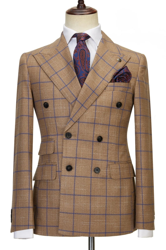 Coffee Plaid Peaked Lapel Double Breasted Business Suits