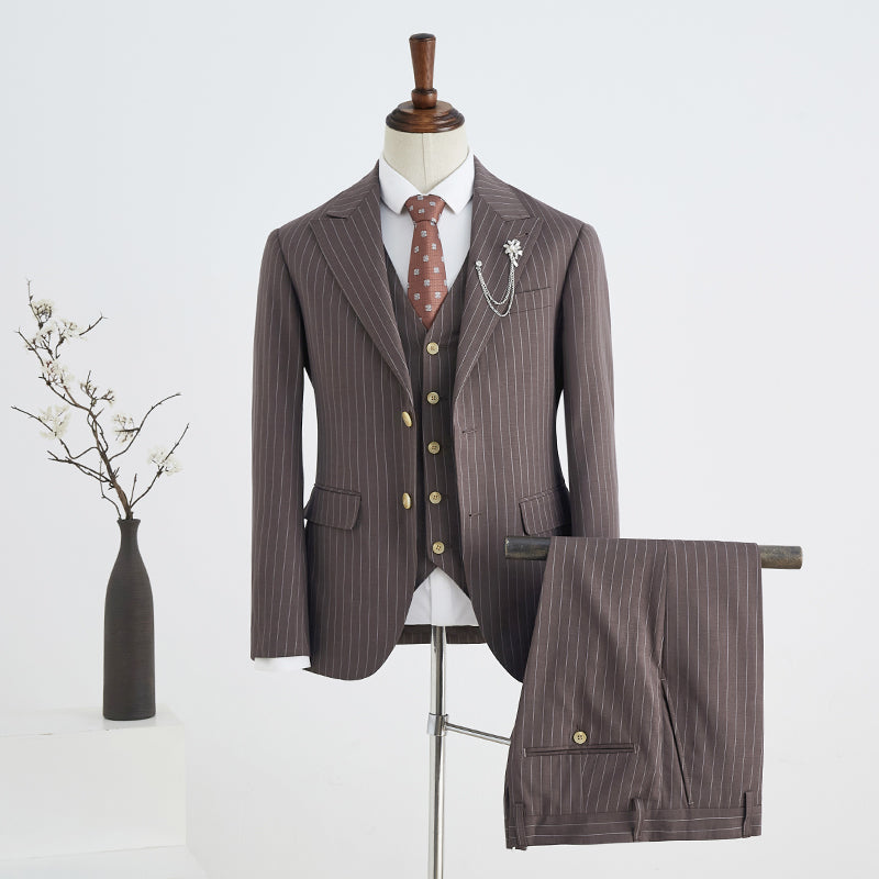 Coffee Striped Peaked Lapel 2 Button Business Suit For Men