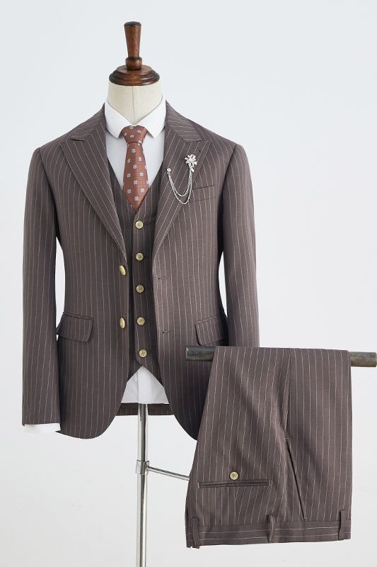 Coffee Striped Peaked Lapel 2 Button Business Suit For Men