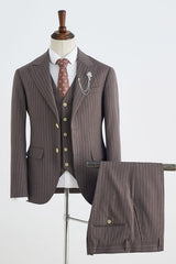 Coffee Striped Peaked Lapel 2 Button Business Suit For Men