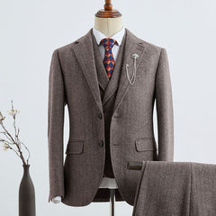 Coffee Striped Slim Fit Tailored Business Suit For Men