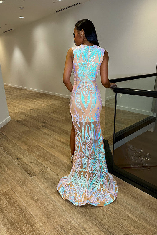 Crew Neck Laser Light Sleeveless Mermaid Princess Prom Dress With Split Trumpet