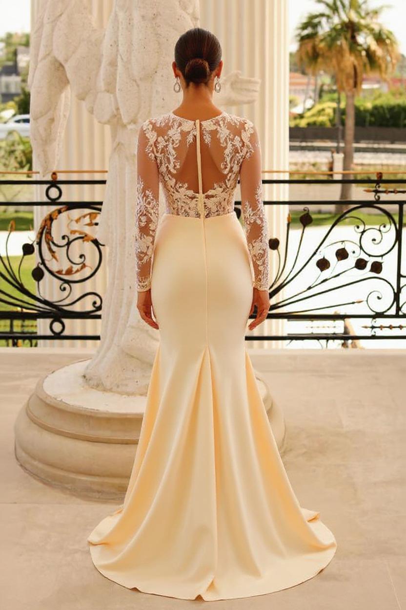 Crew Neck Long Sleeves Lace Long Formal Dress with Slit-27dress