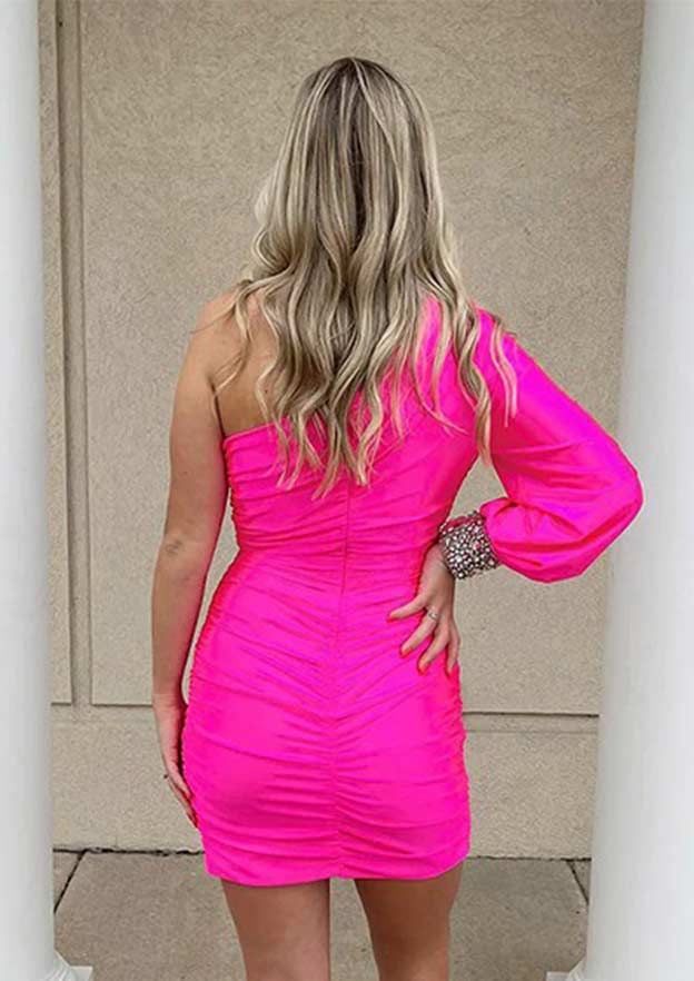 Crystal Pleated Split Homecoming Dress with One-Shoulder Sheath/Column and Full/Long Sleeve Short/Mini Jersey-27dress