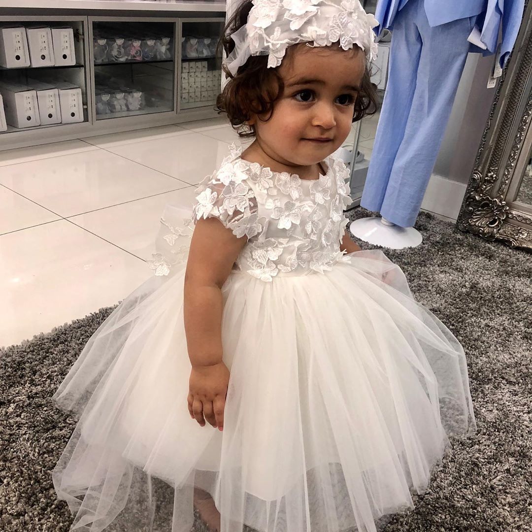 Cute A-line Bateau Short Sleeve Appliques Lace Pearl Tulle Flower Girl Dress With Bowknot-27dress