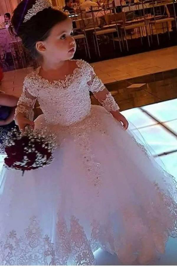 Cute Ball Gown Long Sleeves Tulle Flower Girl Dress with Lace Appliques-27dress