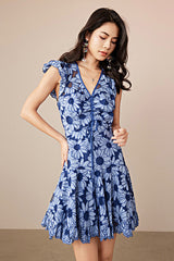 27Dress Cute Blue V-neck Sleeveless Short Floral Dresses