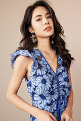 27Dress Cute Blue V-neck Sleeveless Short Floral Dresses