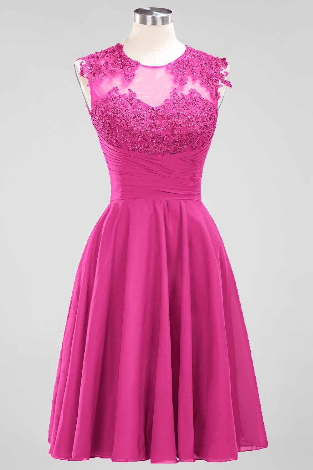 Cute Chiffon Round Neck Short Burgundy Bridesmaid Dresses with Appliques-27dress