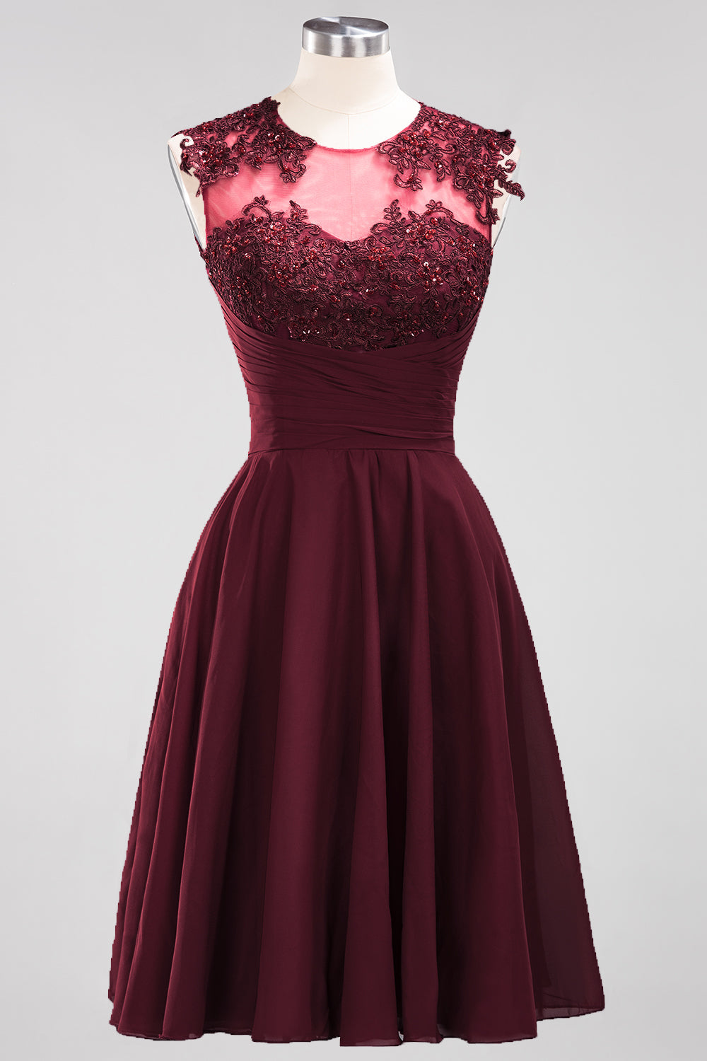 Cute Chiffon Round Neck Short Burgundy Bridesmaid Dresses with Appliques-27dress