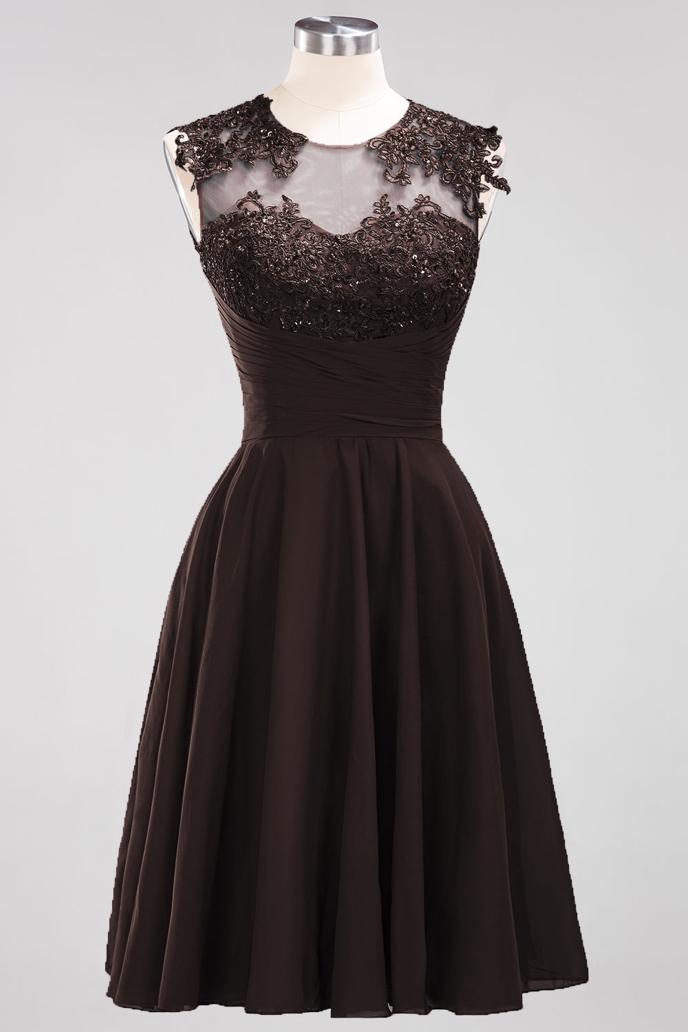 Cute Chiffon Round Neck Short Burgundy Bridesmaid Dresses with Appliques-27dress