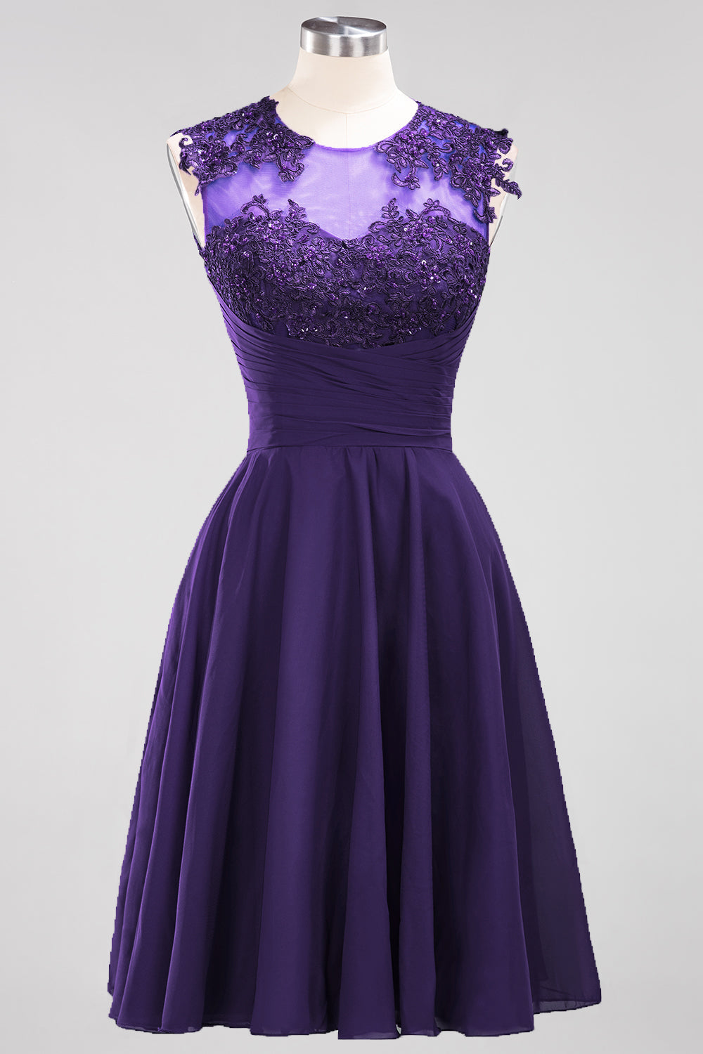 Cute Chiffon Round Neck Short Burgundy Bridesmaid Dresses with Appliques-27dress