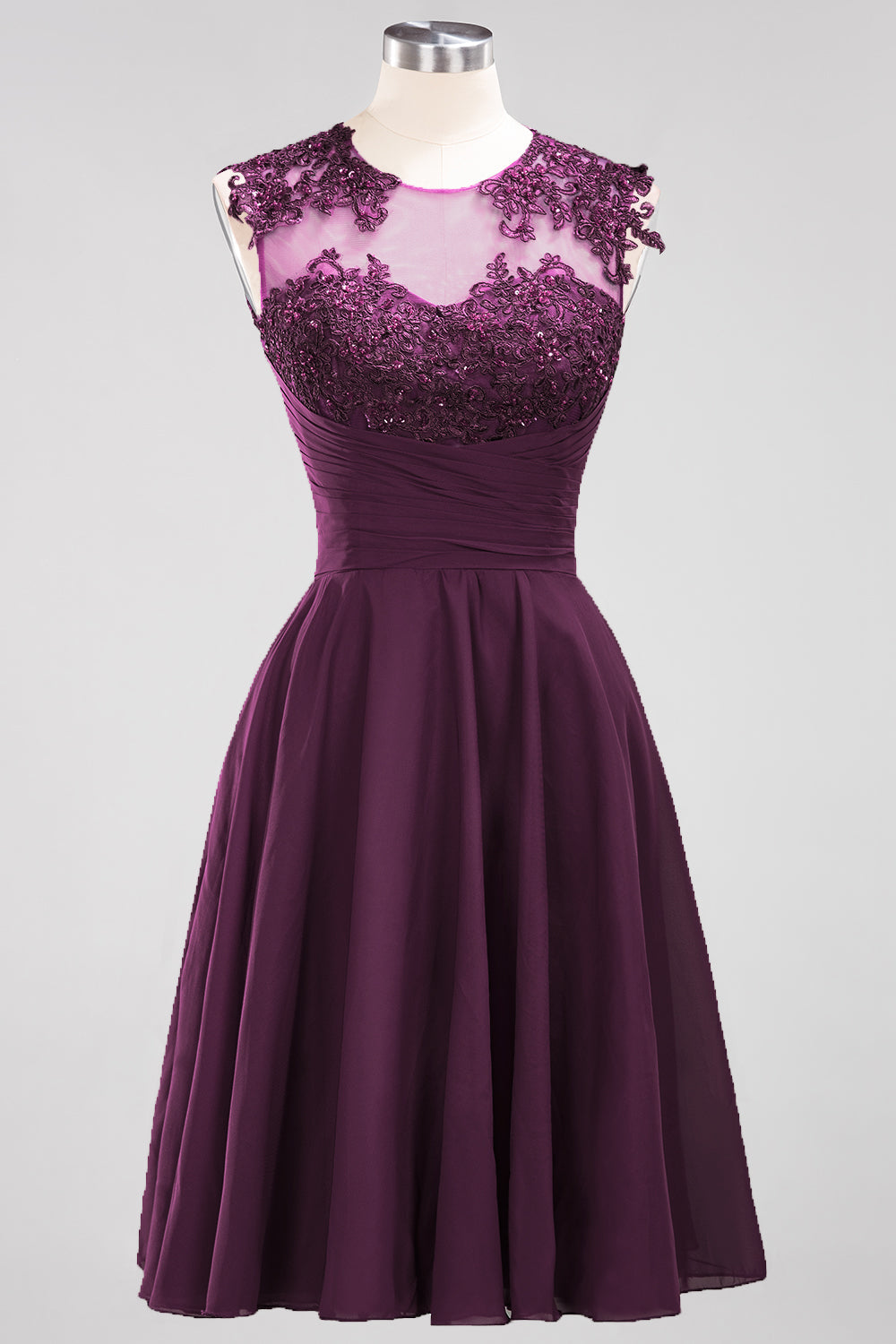 Cute Chiffon Round Neck Short Burgundy Bridesmaid Dresses with Appliques-27dress