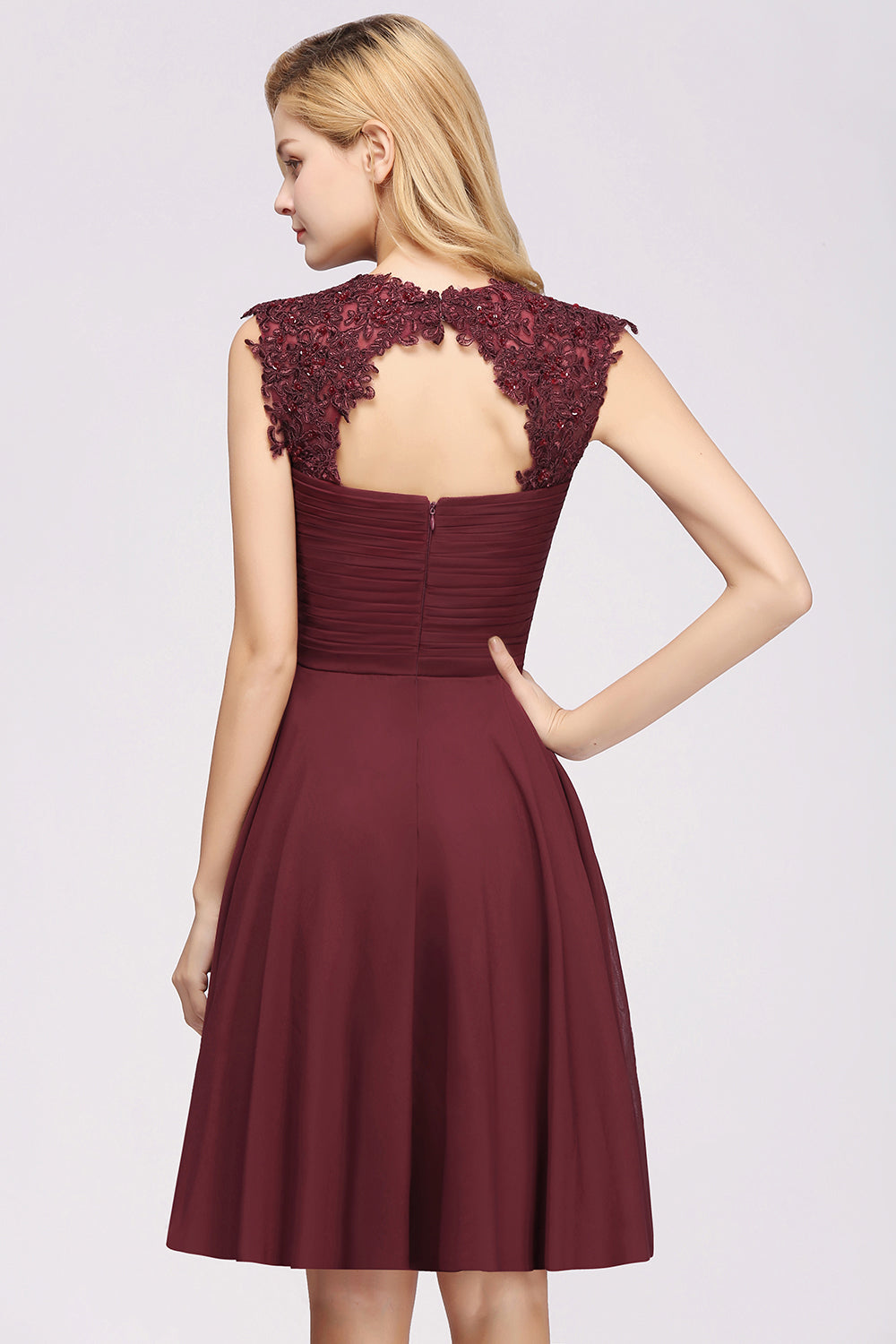Cute Chiffon Round Neck Short Burgundy Bridesmaid Dresses with Appliques-27dress
