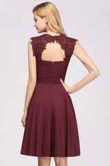 Cute Chiffon Round Neck Short Burgundy Bridesmaid Dresses with Appliques-27dress