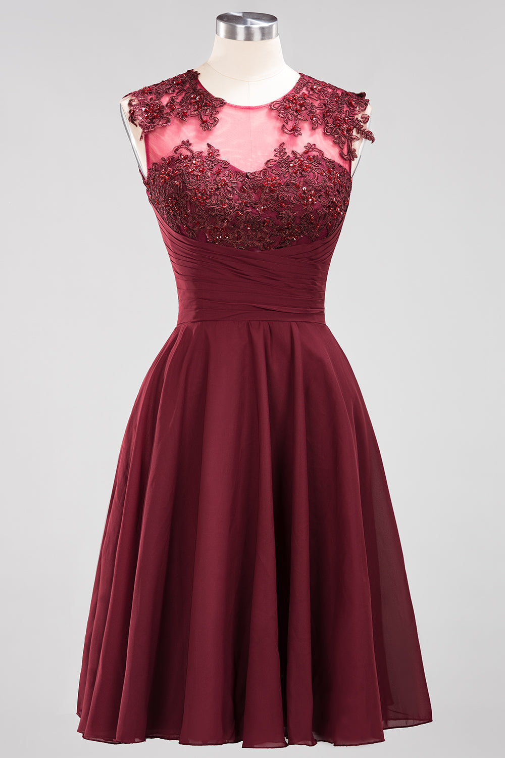 Cute Chiffon Round Neck Short Burgundy Bridesmaid Dresses with Appliques-27dress
