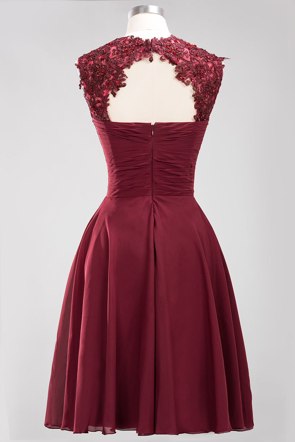 Cute Chiffon Round Neck Short Burgundy Bridesmaid Dresses with Appliques-27dress