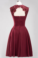 Cute Chiffon Round Neck Short Burgundy Bridesmaid Dresses with Appliques-27dress