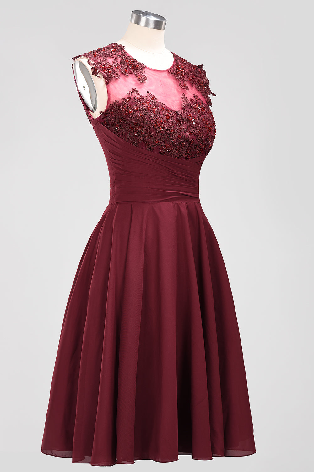 Cute Chiffon Round Neck Short Burgundy Bridesmaid Dresses with Appliques-27dress