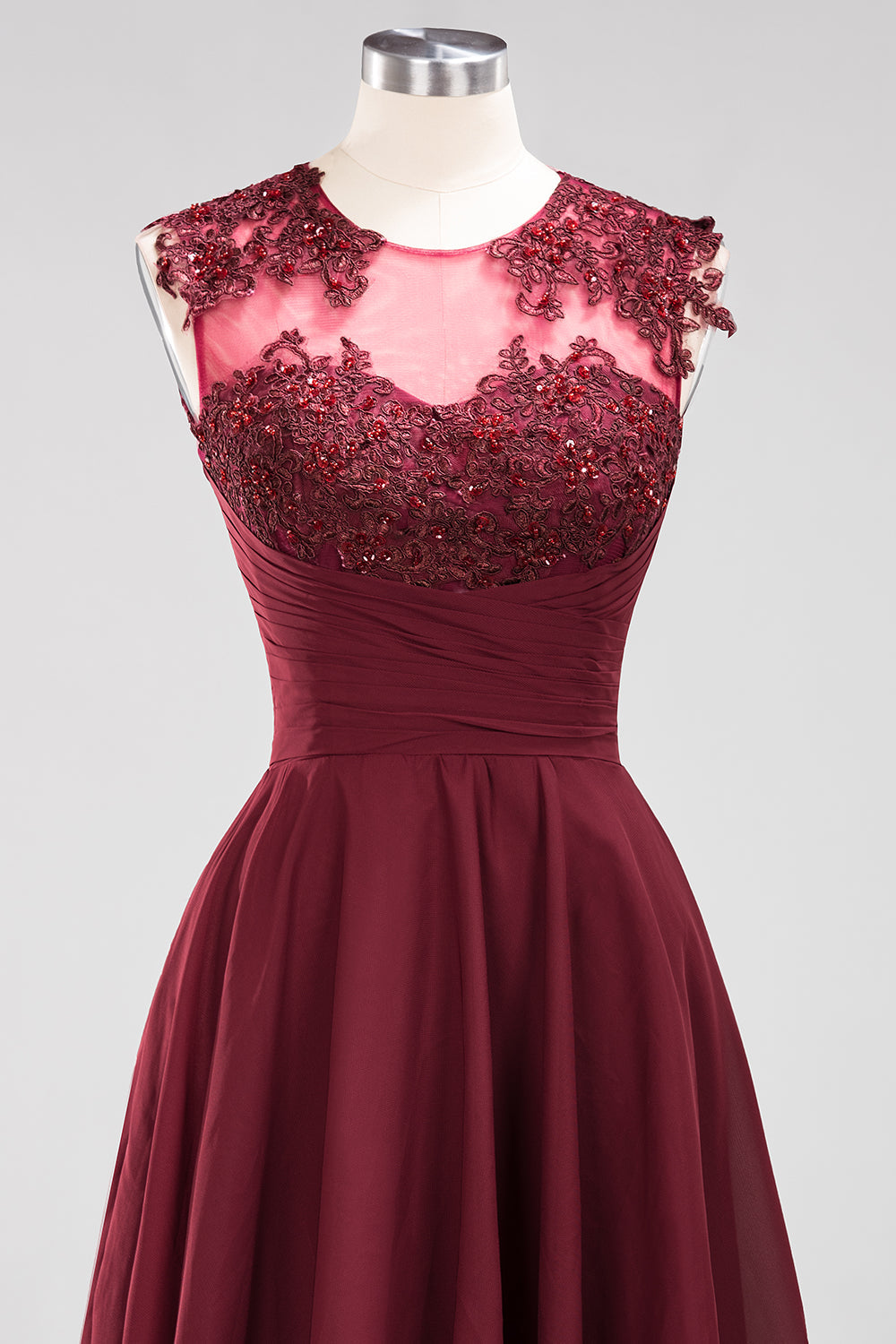 Cute Chiffon Round Neck Short Burgundy Bridesmaid Dresses with Appliques-27dress