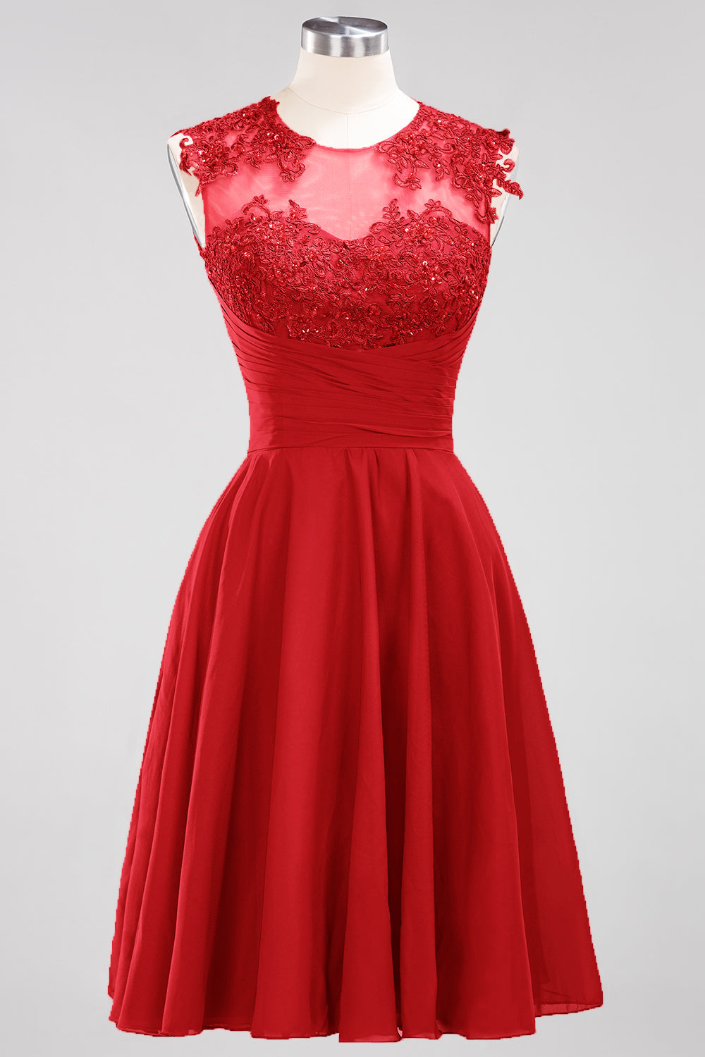 Cute Chiffon Round Neck Short Burgundy Bridesmaid Dresses with Appliques-27dress