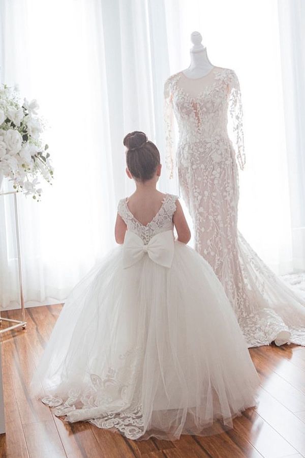 Cute Ivory Long Ball Gown Tulle Sleeveless Flower Girl Dresses 27dress