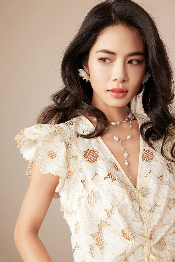 27Dress Cute Ivpry Cap Sleeves V-neck Short Lace Dresses