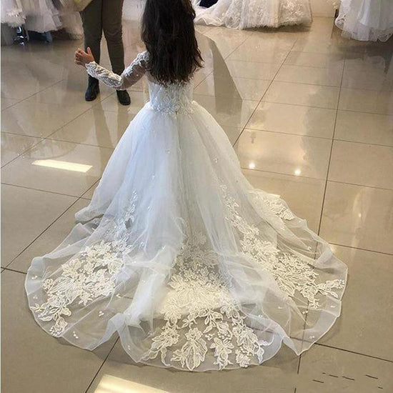 Load image into Gallery viewer, Cute Long A-line Tulle Lace Flower girl dresses with sleeves-27dress
